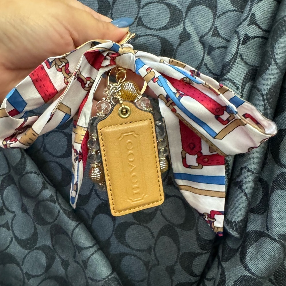 Coach Tan hang tag with Red and Blue twilly and keychain fob w/ decorative beads